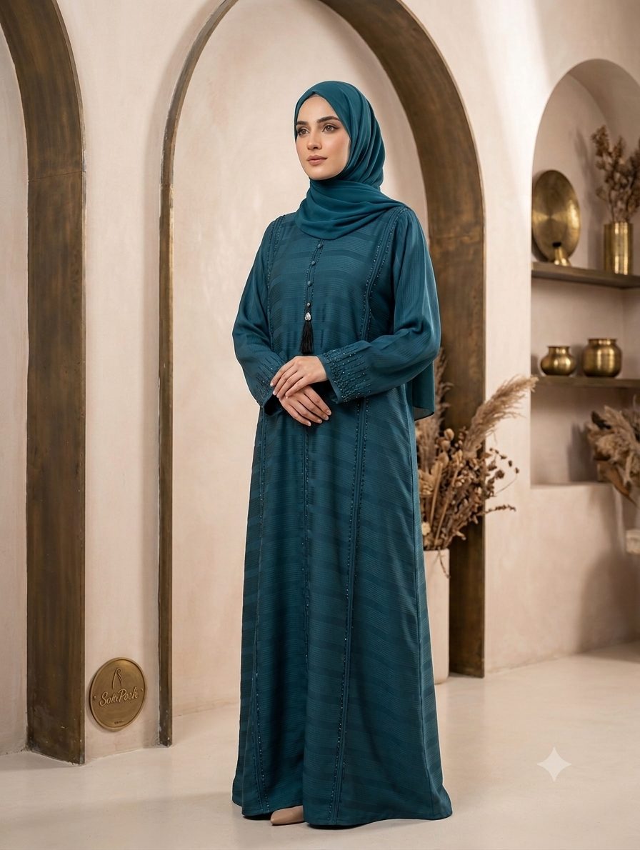 Royal Teal Striped Abaya Set - abayas in Premium Zoom with woven trim