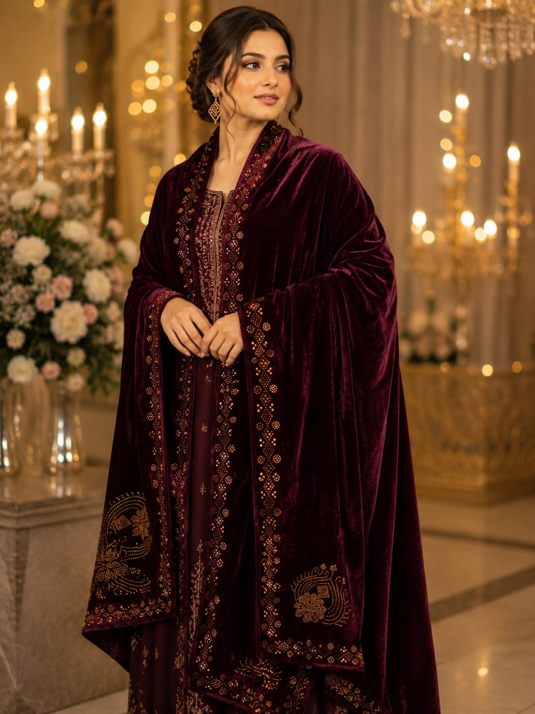 Velvet Shawl with Intricate Gold Embellishments photo 3