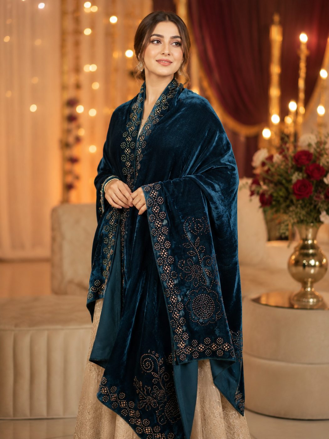 Velvet Shawl with Intricate Gold Embellishments - shawls in Premium Micro-Velvet