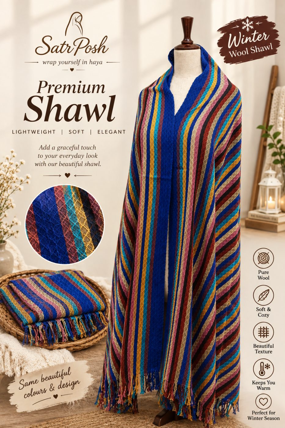 Multicolored Doriya Wool Shawl – Lightweight Striped Winter Wrap - shawls in Dooriya wool Satrangi shawl