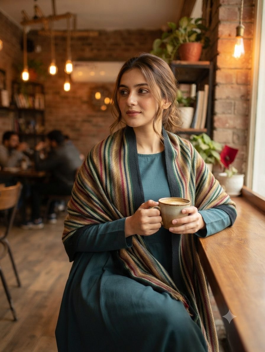 Multicolored Doriya Wool Shawl – Lightweight Striped Winter Wrap photo 3