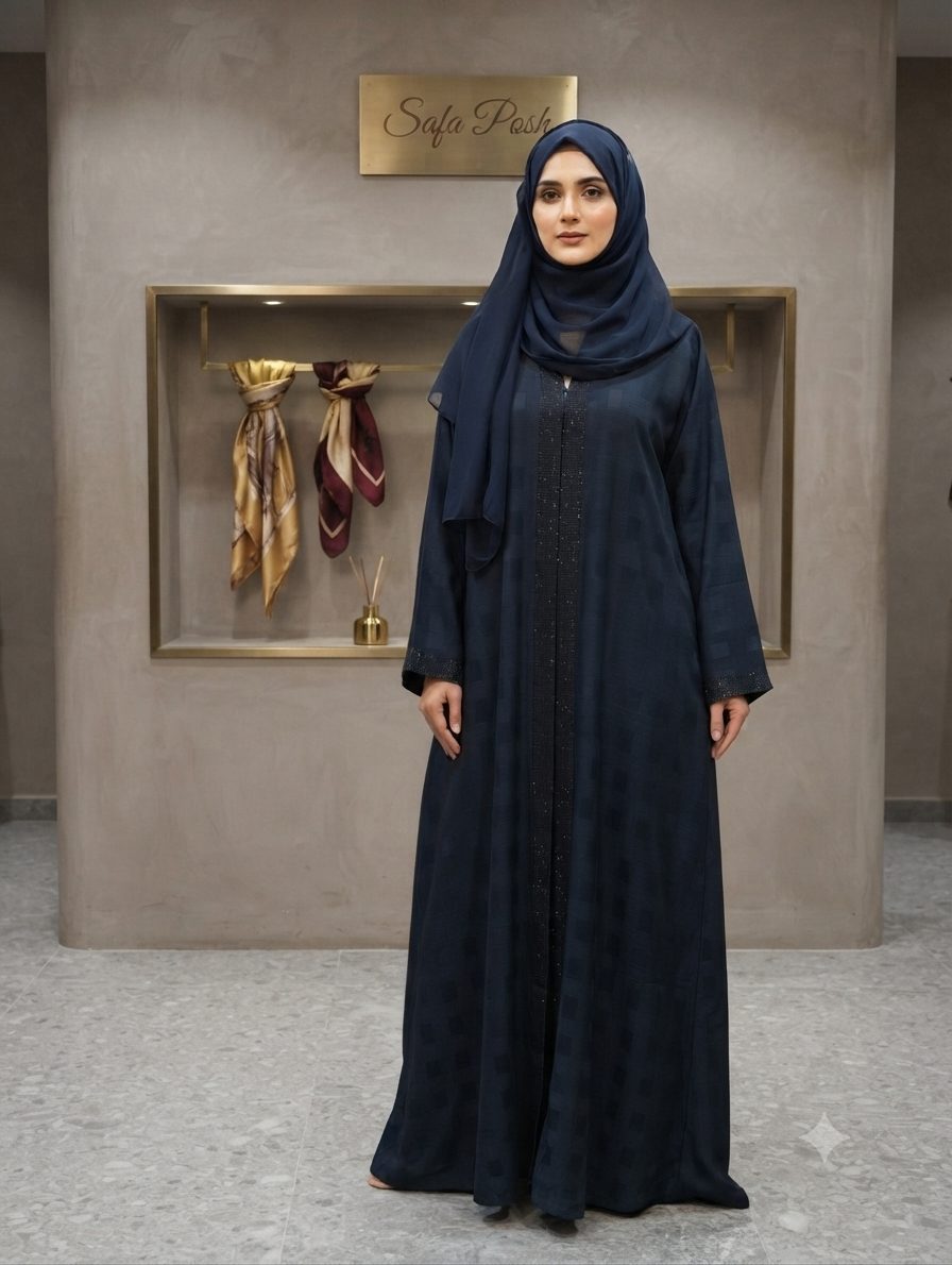 Midnight Navy Blue Zoom Fabric Abaya – Front-Open Embellished Maxi - abayas in Zoom nidha fabric